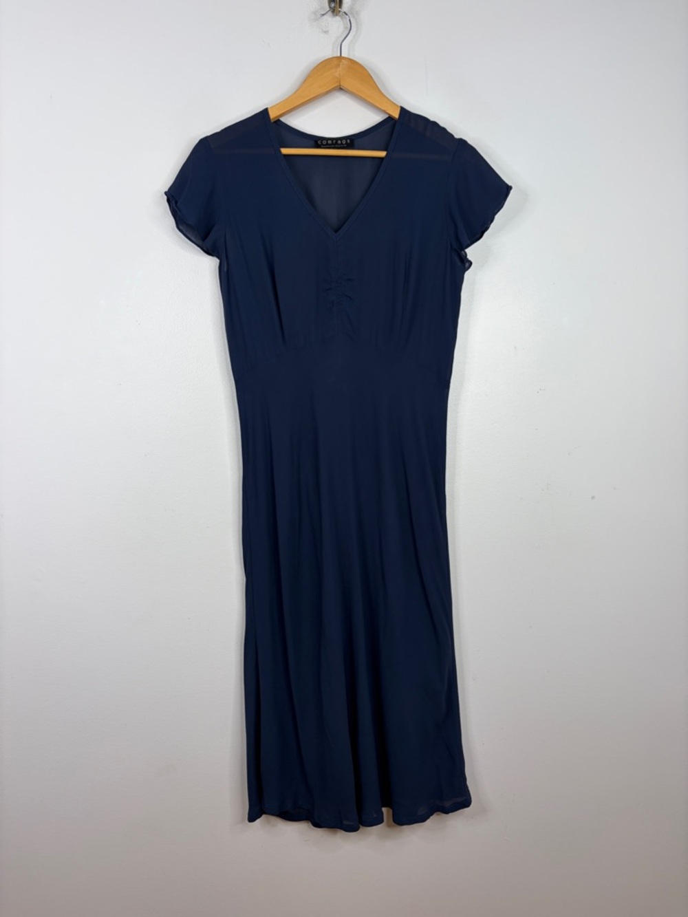 Comrags Dress Womens Medium Navy Blue Sheer Chiffon Cap Sleeve V Neck Midi